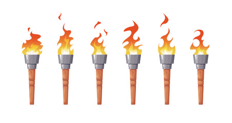 Torch animation sprite sheet. Burning flame sequence for 2d games. Set of looping fire effects for cartoon video projects. Ancient medieval torchlight. Vector illustration isolated on white background