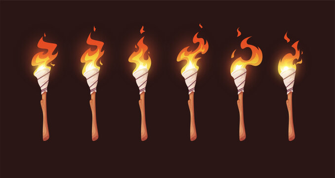 Torch animation sprite sheet. Burning fire sequence for 2d games, set of looping flame effects for cartoon video projects. Hand made primitive survival torchlight. Vector illustration on a black backg