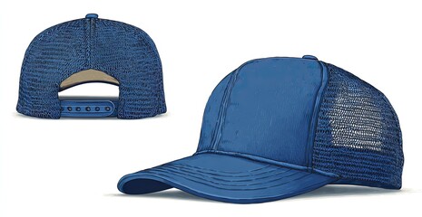 Blue trucker cap illustration, showing front and back views, with mesh
