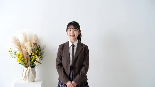 日本の中学校入学式を想定した、12〜13歳の少女のフォトリアルなポートレートです。
茶色のブレザーとチェック柄スカートを着用し、清潔感のある装いを表現しています。
白背景と柔らかなスタジオ光により、余白を活かした構図になっています。