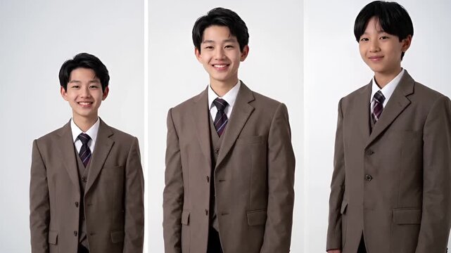 日本の中学校入学式を想定した、12〜13歳の少年を描いたフォトリアルなポートレートです。
茶色のブレザーとダークスラックスを着用し、清潔感のある正装スタイルになっています。
白背景と柔らかなスタジオ照明により、落ち着いた雰囲気と余白を活かした構図です。