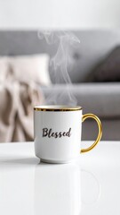 White ceramic mug with golden handle and rim inscribed with the word Blessed steaming hot beverage on a white table with soft focus background of sofa and blanket