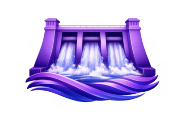 Purple hydroelectric dam icon generating renewable green energy with flowing water, clean power on transparent background
