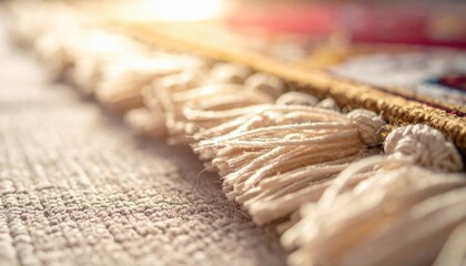 Close Up Of A Beige And White Textile Fringe With Intricate Patterns And Soft Sunlight Illuminating The Texture