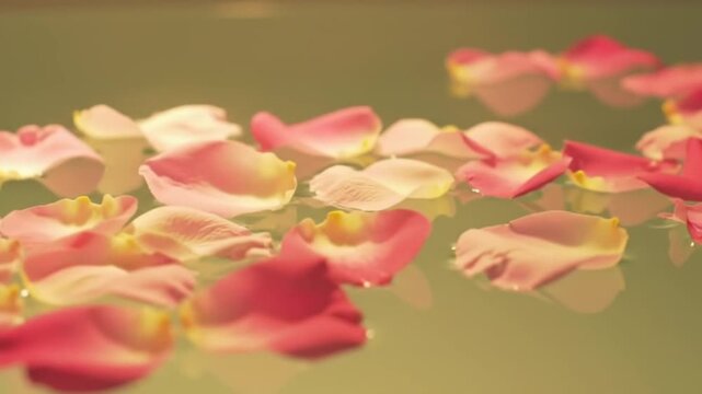Delicate pink rose petals float gently on a serene watery surface.