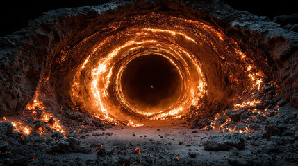 A fiery vortex with glowing ring effects, surrounded by rocky terrain.
