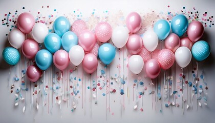 A Vertical Arrangement Of Pink And Blue Balloons White Polka Dot Balloons White Confetti And Pink And Blue Streamers On A White Background