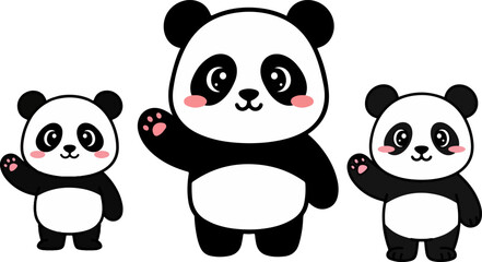 Adorable cartoon baby pandas waving happily with a large central panda illustration creating a cute family or trio concept against a dark background for cute animal designs