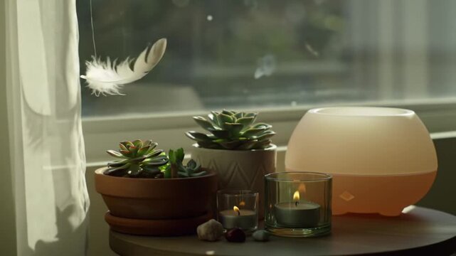 Gentle light streams through sheer curtains onto a table with an essential oil diffuser.
