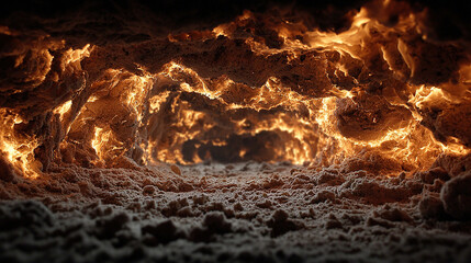 Fiery underground cavern with glowing, molten lava-like formations and ash deposits.