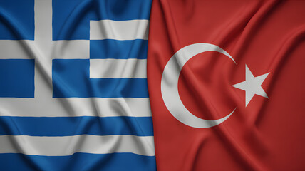 Dynamic Greek and Turkish flags waving together, symbolizing unity, cooperation, or diplomatic relations.