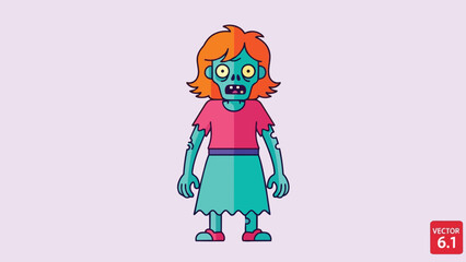 Cartoon Zombie Girl with Orange Hair and Green Skin.
