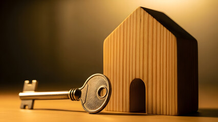 Vintage metal house key and wooden house object on rustic background