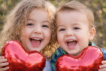 Two happy children smiling and holding heart-shaped balloons together. Joyful celebration of Valentine's Day love