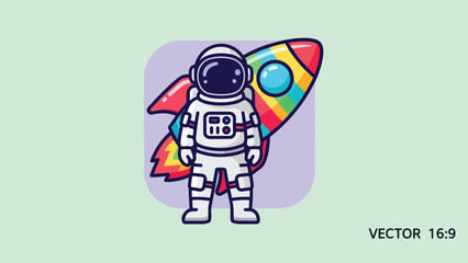 Astronaut with Rainbow Rocket Illustration - Space Exploration and Colorful Adventure.