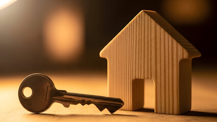 Vintage metal house key and wooden house object on rustic background