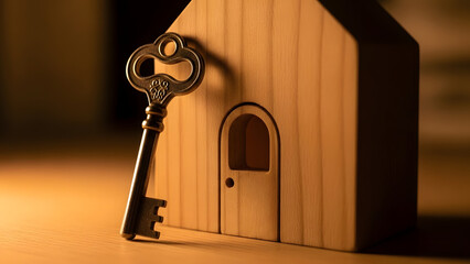 Vintage metal house key and wooden house object on rustic background