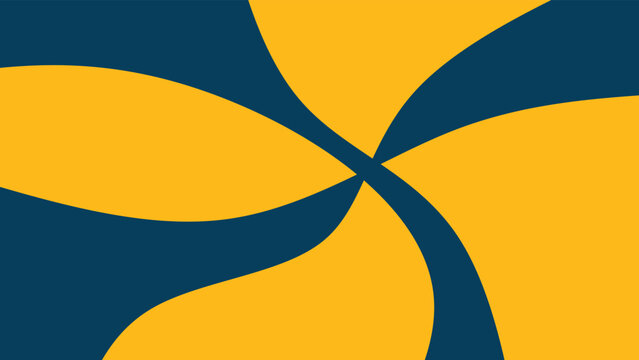 Abstract yellow and dark teal swirl background. Minimalist retro geometric flower or propeller vector illustration. Modern pop art wallpaper with contrasting mustard and blue curved shapes.