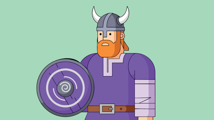 Cartoon Viking Warrior with Shield and Horned Helmet Illustration.