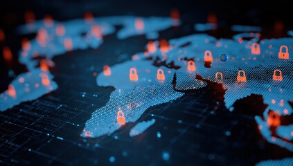 a digital map of the world with hexagonal padlock icons scattered across various countries, symbolizing global security and cyber protection against cyber threats Generative AI