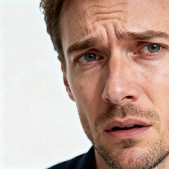 Close-up of a man's face with an expression of concern, furrowed brow, and a slight frown.