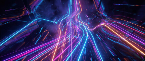Neon light trail background technology abstract design digital modern concept energy flow in dark tunnel with vibrant color glow motion futuristic depth Abstract technology background concept