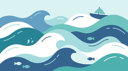 Sailboat on Wavy Ocean with Fish