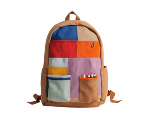 Stylish Patchwork Backpack with Colored Pencils  Isolated on Transparent Background