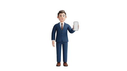 3D Businessman in a Suit Holding a Smartphone