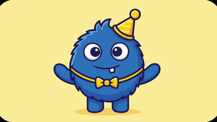 Adorable Blue Monster Character Celebrating with Party Hat and Bowtie.