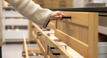 Hand opens two kitchen drawers. Space organization.