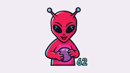 Cartoon Alien Holding a Purple Orb with Number 62.