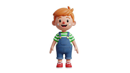 3D Cartoon Boy with Overalls and Striped Shirt