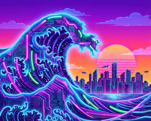 Background technology abstract design digital modern concept neon wave skyline, vibrant cyber sunset over futuristic city and glowing ocean swell energy Abstract technology background concept