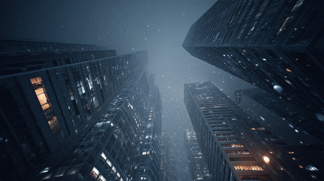 雪の夜に見上げる高層ビル群、静謐な都市のウィンター景観