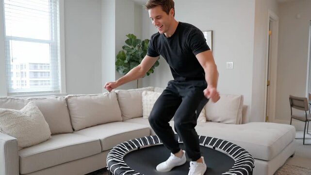 Young man bouncing on indoor trampoline in modern living room  