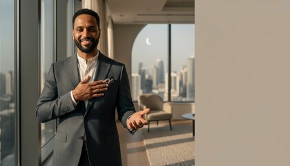 Fototapeta premium Confident businessman smiling and gesturing in modern office with city view