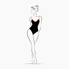 Minimal vector illustration of elegant female figure in  swimsuit. Clean line art silhouette with copy space, modern fashion and body confidence concept