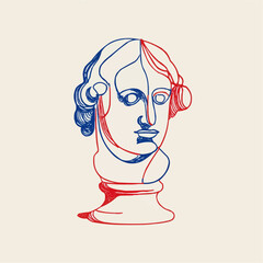 Doodle vector illustration of classical bust with red and blue accents. Simple, decorative design suitable for tattoo, greeting cards, home decor, or educational packaging with copy space.