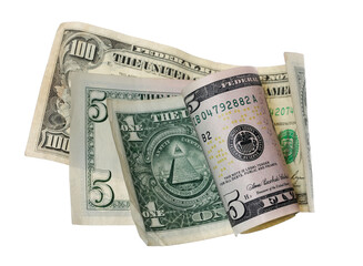 One, five and hundred dollars bill flying, isolated on white background, clipping