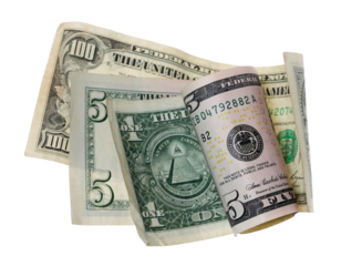 One, five and hundred dollars bill flying, isolated on white background, clipping