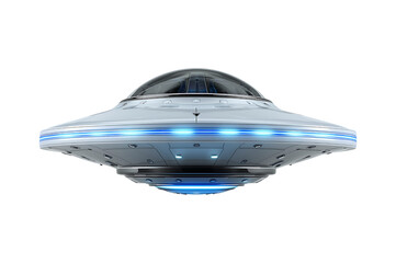 Futuristic White UFO Flying Saucer with Blue Lights  Isolated on Transparent Background