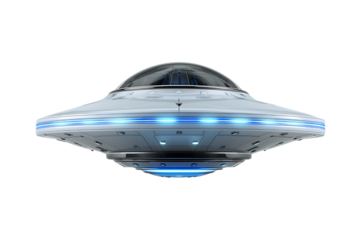 Futuristic White UFO Flying Saucer with Blue Lights  Isolated on Transparent Background