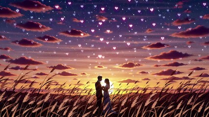 romantic sunset silhouette of two lovers in a field, hearts floating | love, romance, relationships, sunset, nature theme - Powered by Adobe
