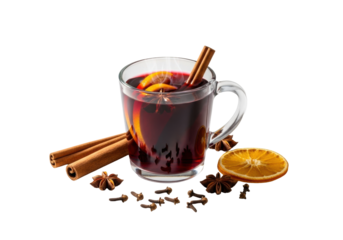 pristine glass mug of steaming dark red mulled wine with orange and cinnamon, surrounded by star anise and cloves on a white surface, 45-degree studio shot. concept of festive holiday beverage
