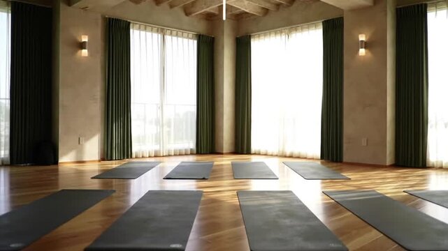 Empty yoga  with mats and natural light from large windows.