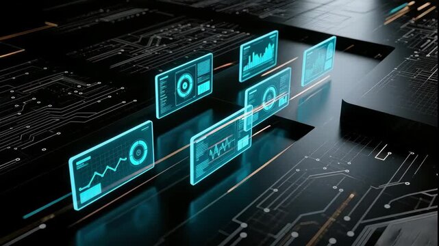 Digital interface displaying evolving data visualizations with interactive graphs and charts, showcasing technological advancements in data analysis and monitoring