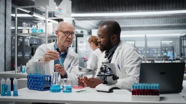Team of medical lab scientists investigating liquid polymer properties in test tube container. Teamworking laboratory colleagues test new synthetic material durability and viscosity in lab, camera A