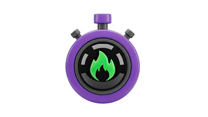 3D Render of Purple Stopwatch with Green Flame Icon
