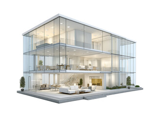 Modern Glass Architecture Cutaway: Luxury Three-Story Building Interior on Black Background